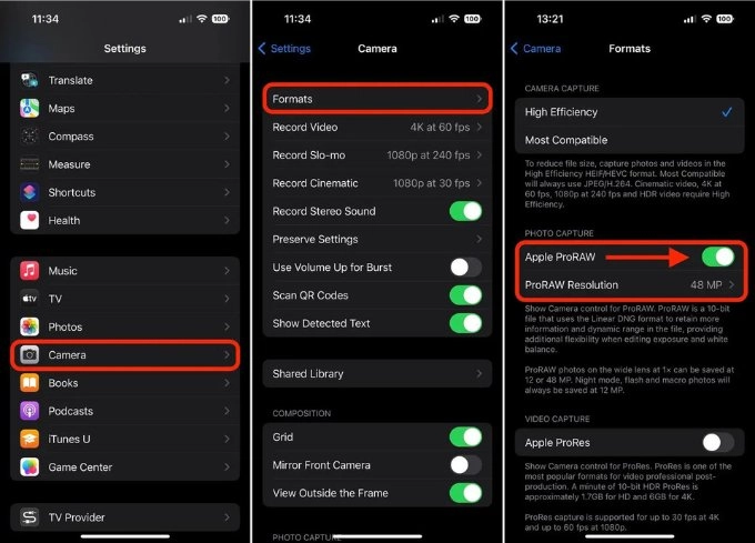 Giao diện cài đặt máy ảnh trên smartphone với tùy chọn RAW được bật.